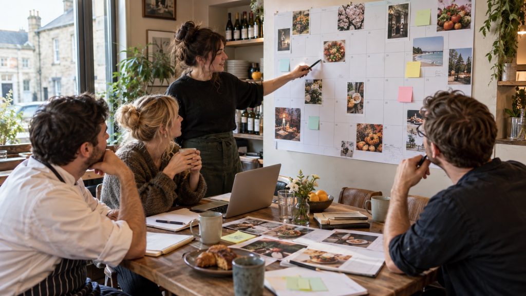 A restaurant team plans seasonal campaigns on a wall-mounted restaurant marketing calendar