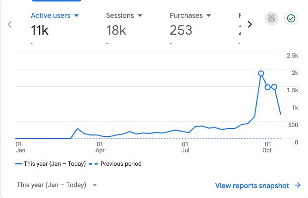 GA4 year-to-date card reviewed on 14 October 2026 showing approximately 11,000 active users, 18,000 sessions and 253 recorded purchases.