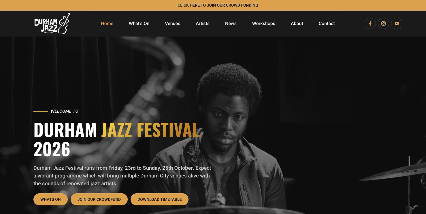 Screenshot of the Durham Jazz Festival homepage, designed and built by Spotty Media.