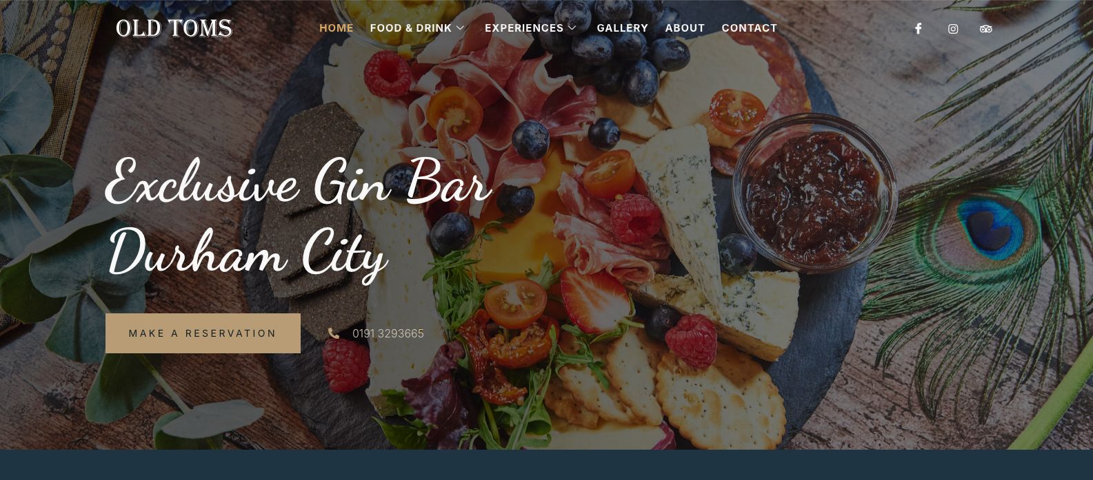 Old Tom’s website homepage showing the gin-bar introduction, navigation and drinks photography.