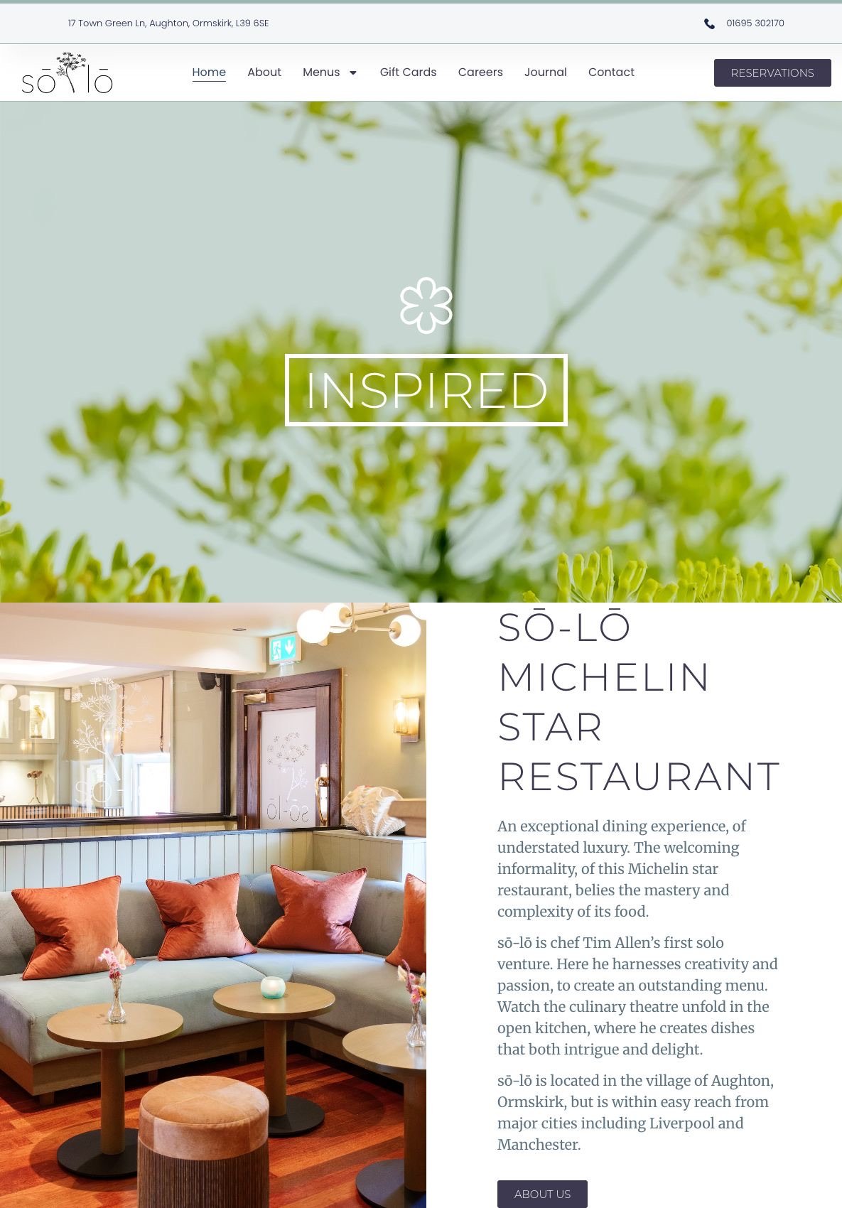 Current sō-lō website homepage showing its navigation, botanical banner and restaurant introduction.