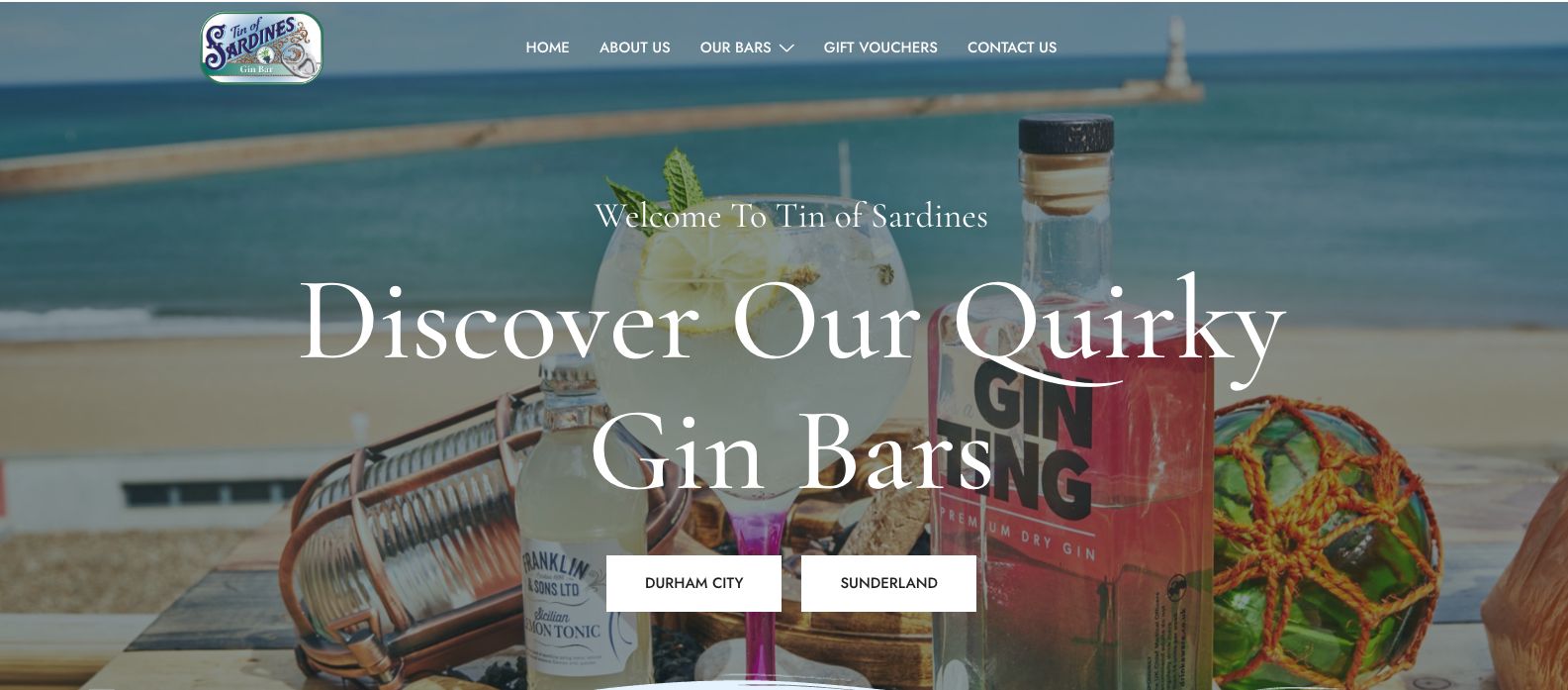Tin of Sardines website homepage with coastal drinks photography and Durham City and Sunderland buttons.